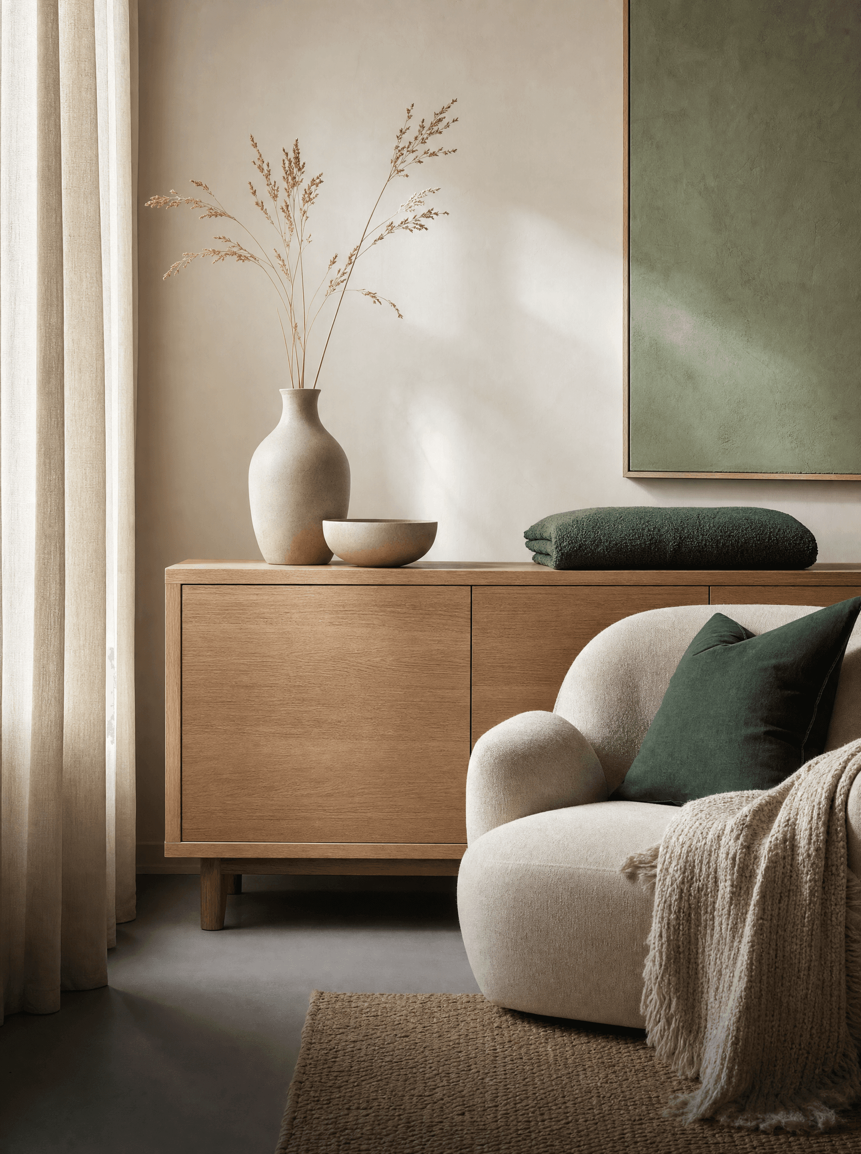 Een gestylde woonkamer met decor, zitmeubels en woonaccessoires