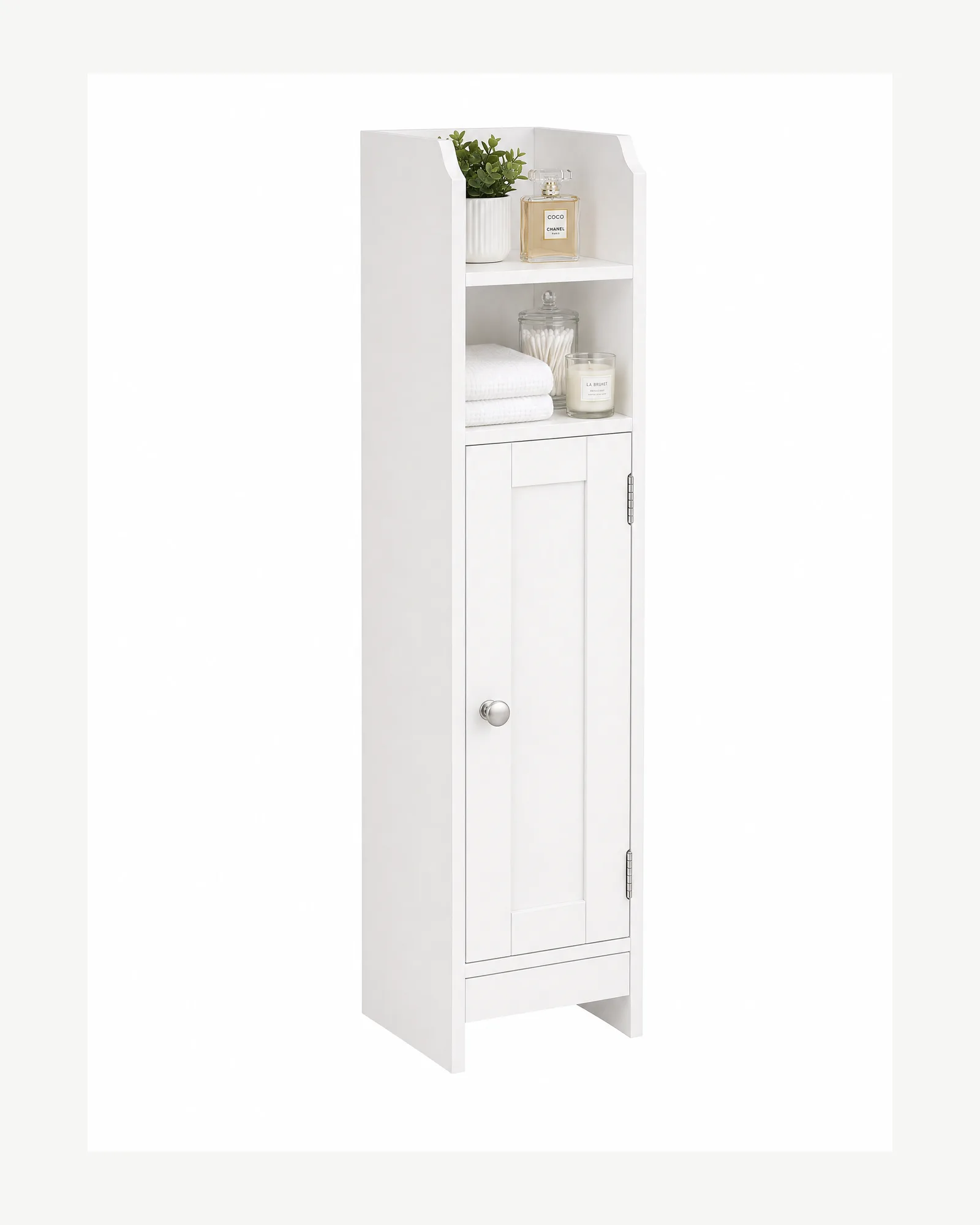 Slanke witte badkamer vloerkast, voorkant met gesloten deur, Wit